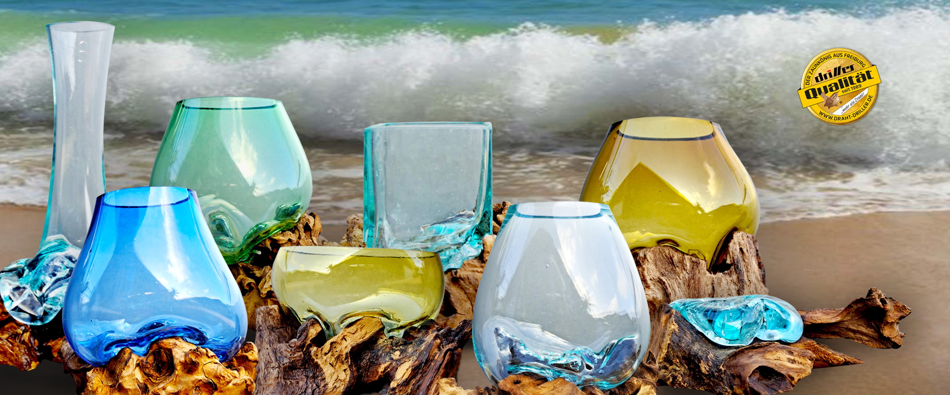 Glas auf Wurzelholz in versch. Farben Glas auf Wurzelholz in versch. Farben