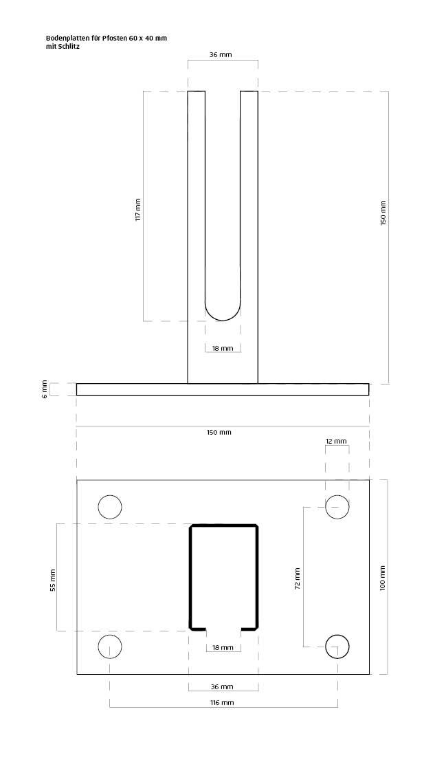 Bodenplatte für Rechteckrohr 60 x 40mm, 150 x 100 x 6,0mm, grün +S