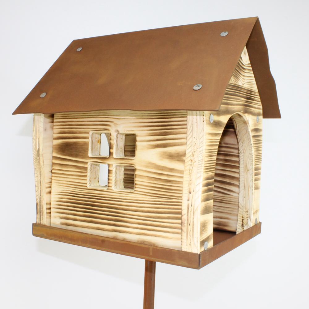 Vogelhaus Rost/Holz Futterstelle auf Stab