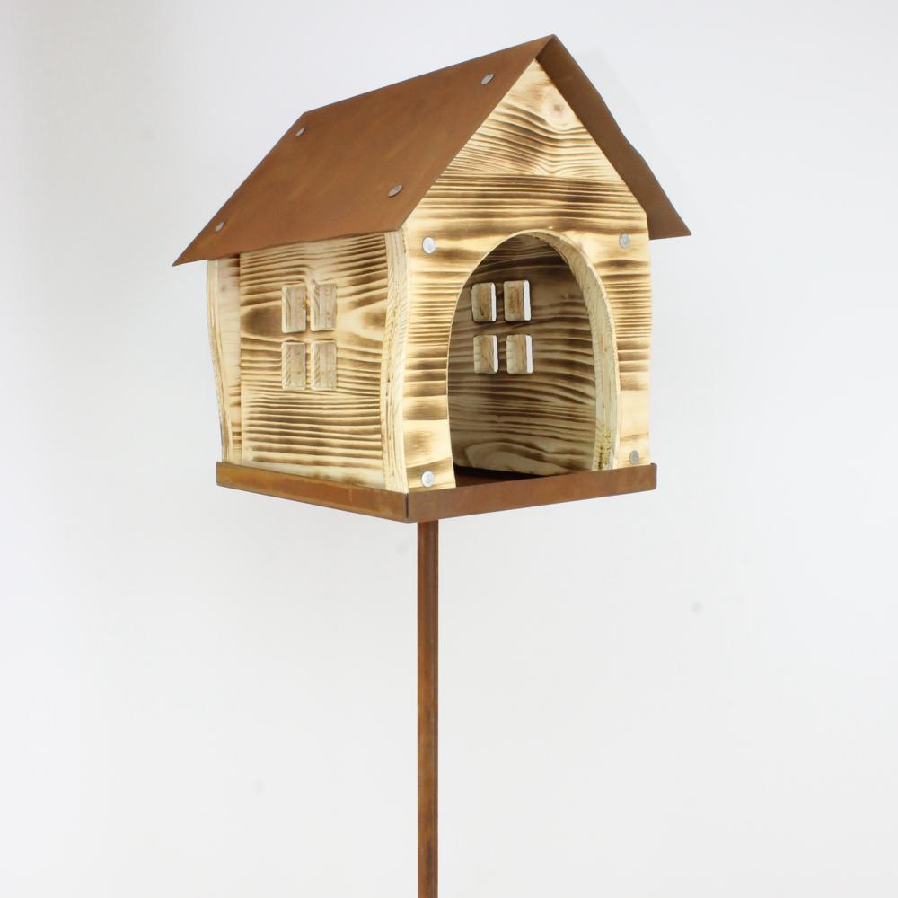 Vogelhaus Rost/Holz Futterstelle auf Stab