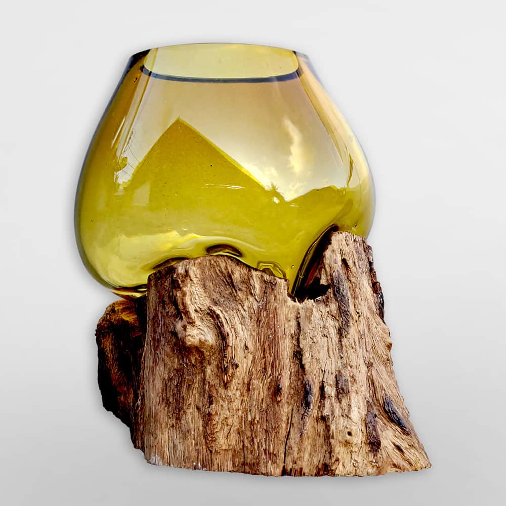 Wurzelholz mit Glas - Bowle gelb