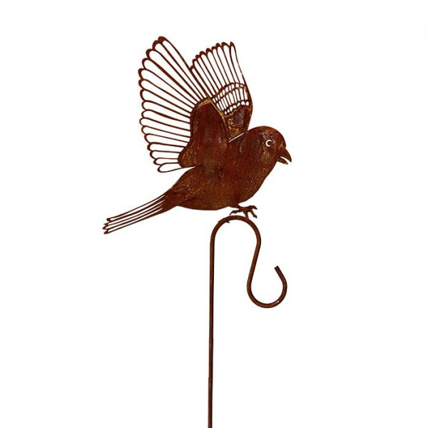 Gartenstab mit Haken Vogel Dompfaff fliegend Rost Deko Futterstelle