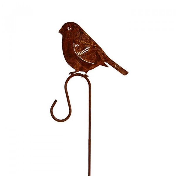 Gartenstab mit Haken Vogel Dompfaff sitzend Rost Deko Futterstelle